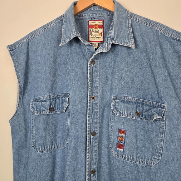 Vintage 90s Warner Bros Looney Tunes Men Embroidered Denim Vest Shirt XL Novelty - Picture 7 of 15